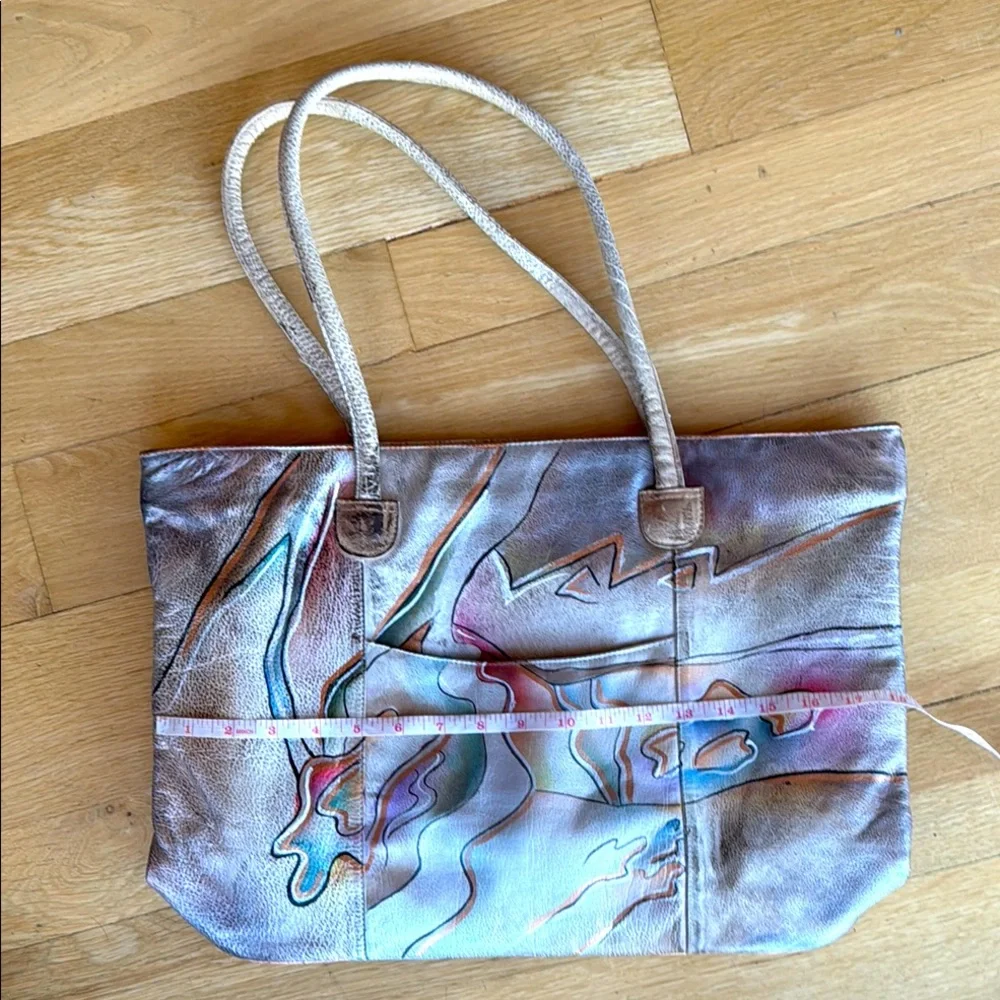 80’s RARE RETRO Leather Hand Painted Tote Shoulder Bag - Picture 7 of 17